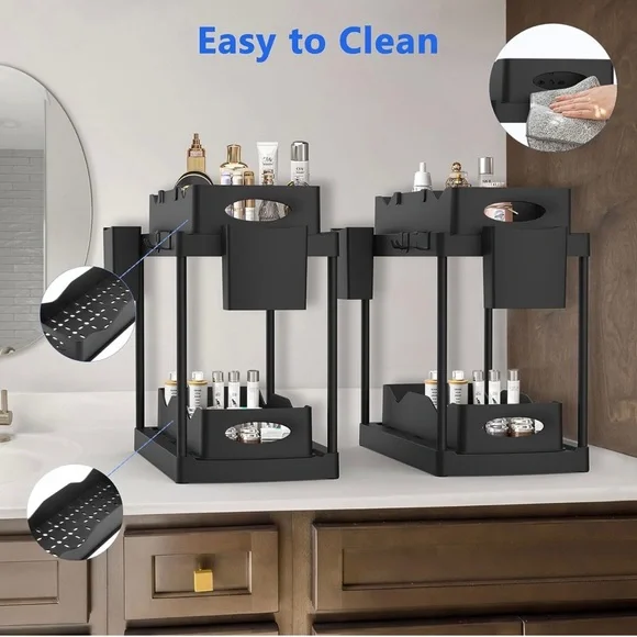 2 Pack Double Sliding Under Sink Organizers and Storage, 2-Tier Pull-Out Storage
